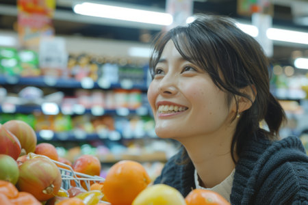 A content Japanese woman savors the moment while grocery shopping at the supermarket, finding joy in selecting quality ingredients and household items against the backdrop of a serene store environment.の素材