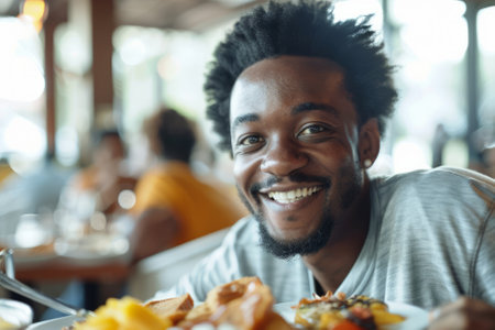 A happy African-American man enjoys breakfast while staying at the hotel, looking directly at the camera with a smile as he enjoys his meal.の素材