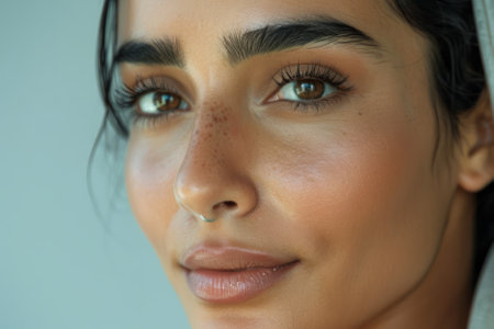 A confident Arab woman with smooth, clean facial skin poses for a cropped portrait. With a nose stud and long eyelashes, she looks directly at the camera, showing her beauty and sophistication.の素材