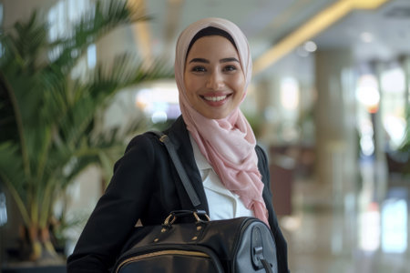 A happy Arab businesswoman is spotted arriving at the hotel with her travel bag, displaying contentment and readiness for her accommodation.の素材