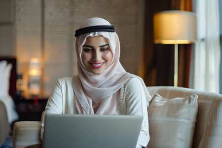 A happy Arab businesswoman sits comfortably in a hotel room, browsing the internet on her laptop. The tranquil ambiance of the room contributes to her relaxation.の素材