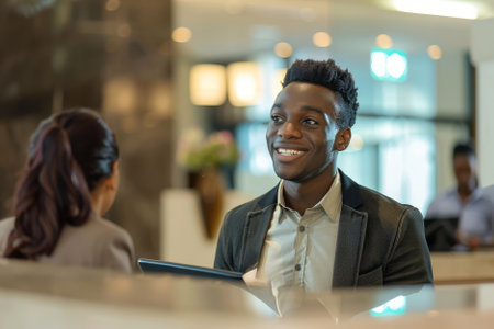A cheerful African American gentleman engages in conversation with the hotel receptionist while efficiently completing registration paperwork at the front desk.の素材