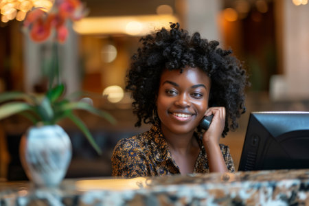 A cheerful African-American receptionist handles a phone call with a warm smile while efficiently managing the front desk at the hotel.の素材
