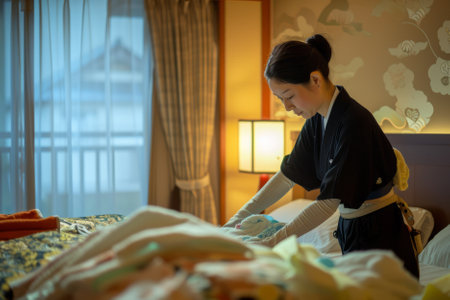 A content Japanese housekeeper meticulously cleans the hotel room with precision, maintaining a serene ambiance.の素材