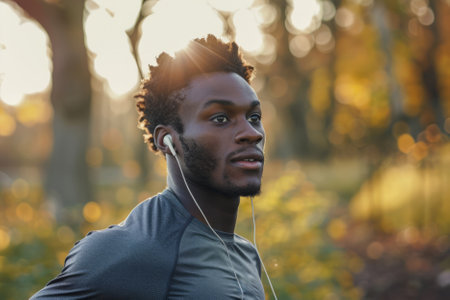 A determined African-American athlete enjoys his run outdoors, listening to music through his headphones.の素材