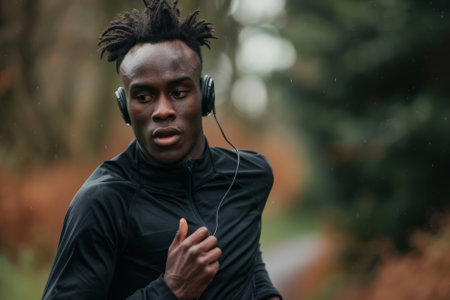 A dedicated sportsman of African descent finds his rhythm while running outdoors, his headphones piping motivating music into his ears.の素材