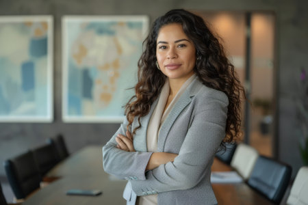 A confident Latina businesswoman stands with crossed arms in the boardroom, radiating determination and success in her corporate endeavors.の素材