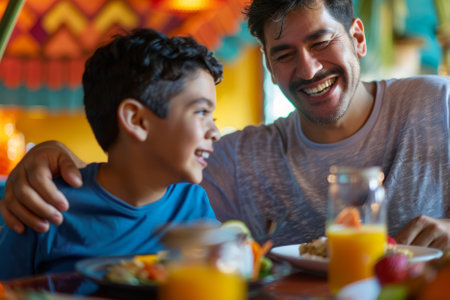 A cheerful Latina father and son savor their breakfast in the hotel, sharing precious moments of laughter and connection amidst the vibrant colors of the background.の素材
