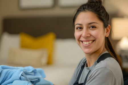 A cheerful Latina housekeeper tidies up the hotel room with joy, bringing a sense of hospitality to the space.の素材