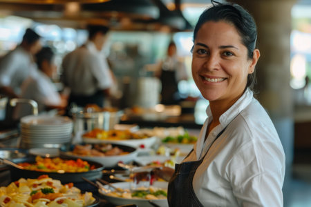 A cheerful Latina waiter attends to guests during buffet breakfast in the hotel restaurant, radiating joy and friendliness while making eye contact with the camera.の素材