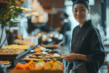 A content Japanese server manages the buffet breakfast in the hotel restaurant, displaying a serene demeanor as they glance at the camera with a welcoming smile.の素材