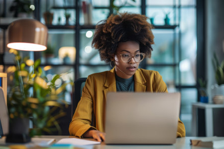 A focused young African-American businesswoman diligently works on her laptop in the office, demonstrating dedication and professionalism in her tasks, against a backdrop of contemporary office decor.の素材