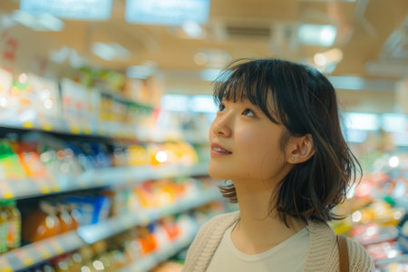 A content Japanese woman savors the moment while grocery shopping at the supermarket, finding joy in selecting quality ingredients and household items against the backdrop of a serene store environment.の素材