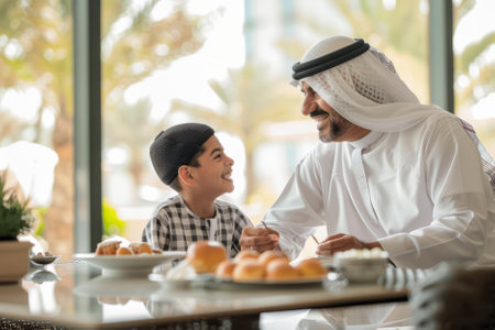 A dedicated Arab father and son share a joyful breakfast in the hotel, cherishing their time together and creating lasting memories against a backdrop of hospitality and comfort.の素材