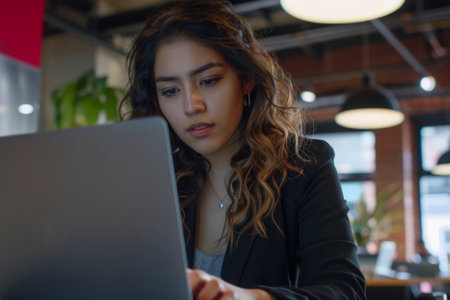 A determined young Latina businesswoman concentrates on her laptop in the office, showing her commitment and expertise in her work, with a modern office setting in the background.の素材