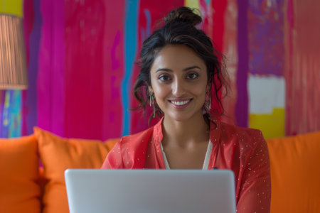 A delighted Indian businesswoman enjoys her time in a hotel room, surfing the net on her laptop. The vibrant colors of the background reflect her upbeat mood.の素材