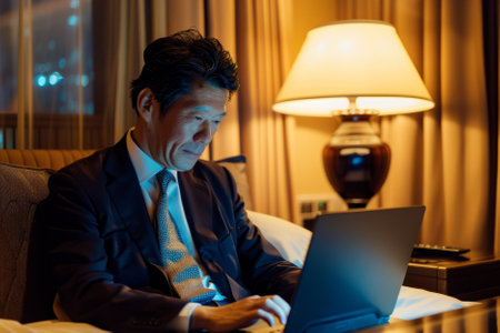 A content Japanese businessman sits back in a hotel room, engrossed in surfing the net on his laptop. The soft lighting creates a cozy atmosphere for his online activities.の素材