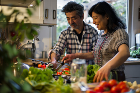 A content multicultural couple, one partner Indian and the other Japanese, collaborated in their well-appointed kitchen on the weekend. They prepare a nutritious vegetarian salad, chopping tomatoes and lettuce while delighting in each other's company and the joy of cooking together.の素材