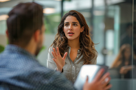 A Latina businesswoman engages in a discussion with her colleague in a modern office, emphasizing collaboration and teamwork in their workflow.の素材