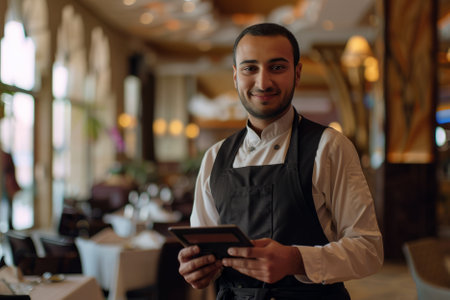 A dedicated Arab waiter, with a touchpad in hand, manages orders and inquiries at the hotel restaurant, meeting the camera's gaze with a professional and welcoming demeanor.の素材