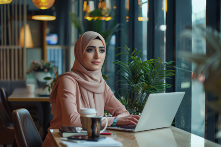 A dedicated Arab corporate manager takes a coffee break while skillfully handling her laptop responsibilities in the office.の素材