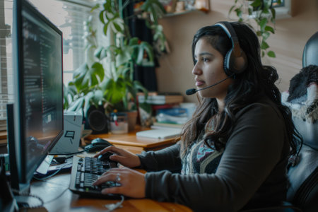 A focused Latina woman, wearing a headset, efficiently tackles her remote work tasks on her computer from the comfort of her home office.の素材