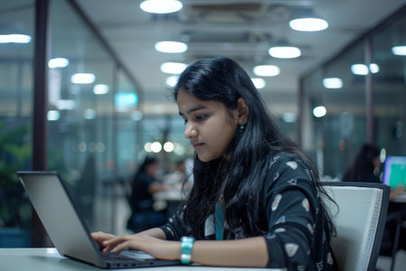 A dedicated young Indian businesswoman focuses intently on her laptop tasks in the office, exemplifying her hard work and professionalism, amid a contemporary office space designed for productivity.の素材
