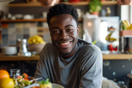 A happy African-American man enjoys breakfast while staying at the hotel, looking directly at the camera with a smile as he enjoys his meal.の素材