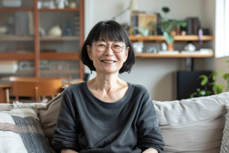 A joyful Japanese woman poses for a photo while sitting on a cozy couch in her living room. With a serene smile, she basks in the carefree atmosphere of her weekend alone indoors, feeling relaxed and content in her leisure time at home.の素材