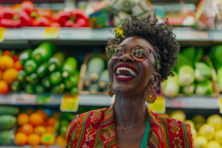 A joyful African-American woman revels in grocery shopping at the supermarket, navigating the aisles with delight as she selects fresh produce and essentials against a vibrant backdrop.の素材