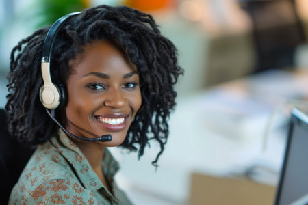 A smiling African-American female customer service representative works diligently on her computer in the office, radiating positivity and professionalism as she handles tasks with efficiency against a neutral background.の素材