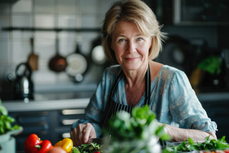Amidst her cooking routine, a happy and attractive middle-aged woman prepares a dietary vegetarian salad for dinner, selecting organic ingredients with care. As she chops fresh vegetables, she looks directly at the camera with a genuine smile, reflecting her enjoyment of leading a healthy lifestyle and creating nutritious meals.の素材