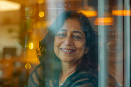 A smiling Indian female CEO looks out of the window in her office, radiating confidence and resilience as she embraces the challenges of leadership, set against a background of warm and inviting colors.の素材