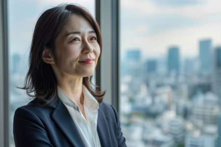 A smiling Japanese female CEO observes the view from her office window, projecting a sense of authority and contemplation as she strategizes for the future, with a backdrop of calm and serenity.の素材
