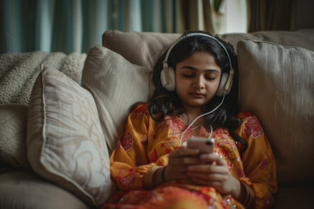 A serene Indian student girl, with her eyes closed, listens to music from wireless headphones, immersed in her favorite relaxing tunes. Holding her smartphone, she rests peacefully on the couch at home, finding solace in the music.の素材
