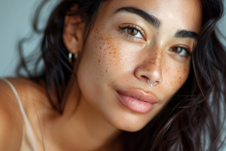 A stunning Latina woman with smooth, clean facial skin poses for a cropped portrait. With a nose stud and long eyelashes, she confidently gazes at the camera, emanating charm and allure.の素材