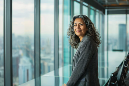 A thoughtful Hispanic mature woman stands in a skyscraper office boardroom, smiling while gazing out the window at the expansive cityscape. She enjoys a moment of satisfaction, reflecting on her leadership journey and aspirations.の素材