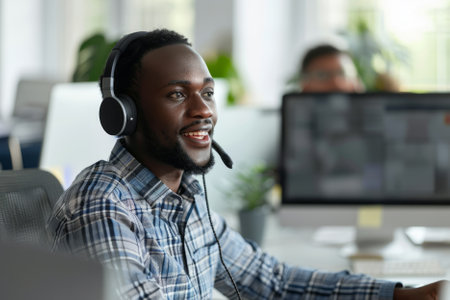 An African-American male customer service representative engages in conversation with his colleague while working diligently in the office, providing support and assistance with a professional demeanor against a neutral background.の素材