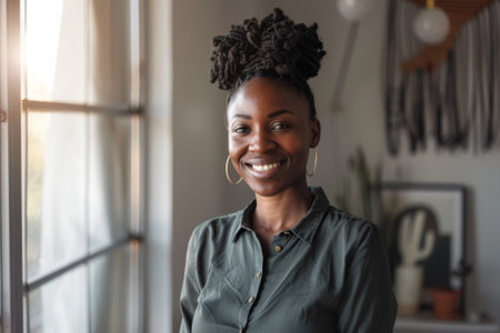 A smiling African-American female CEO stands in her office, gazing through the window with a sense of determination and vision, embodying leadership and confidence against a backdrop of neutral tones.の素材