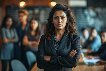 In the boardroom, a determined Indian businesswoman stands with crossed arms, projecting strength and competence as she leads her team to success.の素材