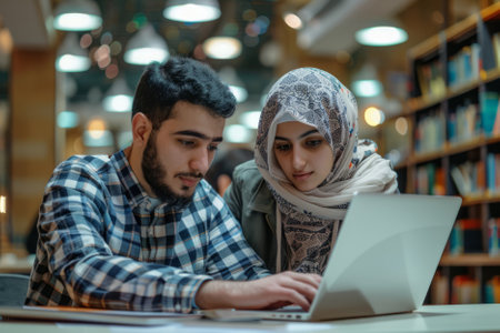 Two motivated Arab students, a male and a female, are immersed in an educational video on a laptop. They collaborate on homework, communicate, absorb new knowledge, and study for exams by reading lectures on the internet in the university library.の素材