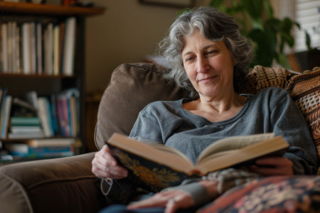 Relaxing on the comfortable sofa, a cheerful senior woman in her 60s engrosses herself in the pages of an interesting book. With a pensive look, she immerses in her love for literature, pondering over the twists and turns of the plot. Spending quiet moments alone at home, she cherishes her pastime as a book-lover, finding joy and fulfillment in the world of stories.の素材