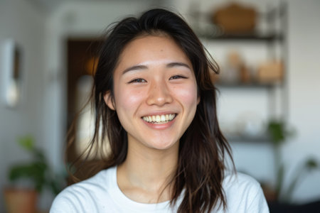 A joyful 20s Japanese girl poses for a headshot at home. The happy young woman looks directly at the camera, showing her white teeth in a warm smile while laughing and chatting on a video call. The portrait captures her positivity as she engages in a conference chat.の素材