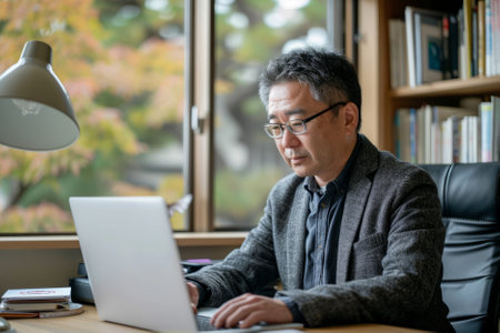 An experienced Japanese male therapist sits at his desk, immersed in his laptop, meticulously conducting research and reviewing clinical guidelines to enhance patient care and optimize treatment outcomes.の素材