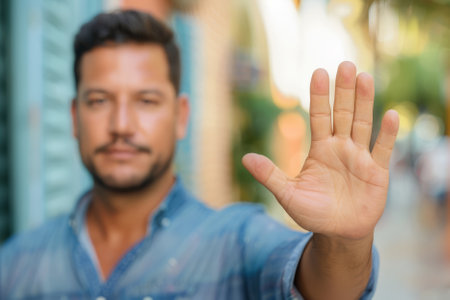 A resolute Latino man demonstrates a stop symbol, extending his open palm towards the camera, signaling a halt, refusal, danger, rejection, or restriction with a hand gesture. The close-up shot emphasizes the blurred arm of the male model.の素材