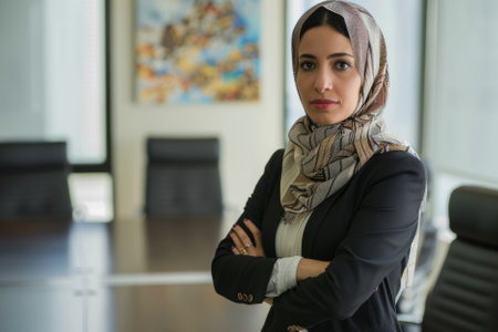 An accomplished Arab businesswoman stands confidently with crossed arms in the boardroom, exuding authority and professionalism in her corporate environment.の素材