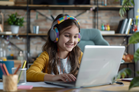 A joyful Arab girl, wearing wireless headphones, immerses herself in a learning webinar and online lecture on her laptop. Speaking at an educational conference, she diligently writes notes at the table, studying from home via the Internet.の素材