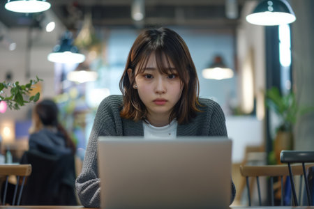 Focused young Japanese businesswoman engrossed in her laptop work in the office, displaying her proficiency and dedication to her responsibilities, amidst a sleek and minimalist office environment.の素材
