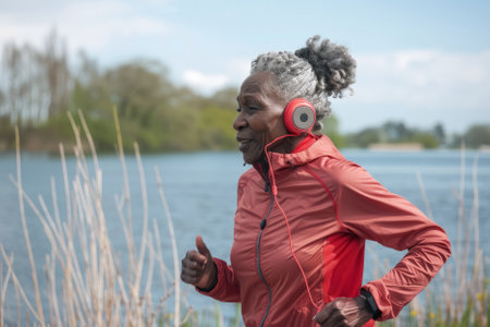 A Black senior woman listening to music while running by the lake in nature. The elderly woman is exercising to stay healthy, vital, enjoying physical activity and relaxation outdoors.の素材