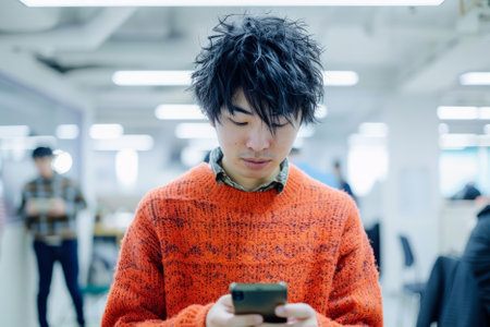 A Japanese freelancer, wearing a bright sweater, focused on his smartphone amidst office surroundings.の素材